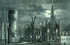 PB3126 Hellevoetsluis; De watertoren en de katholieke kerk met pastorie, ca. 1906