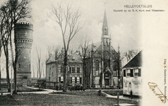 PB3127 Hellevoetsluis; De watertoren en de katholieke kerk met pastorie, ca. 1905