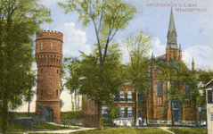 PB3128 Hellevoetsluis; De watertoren en de katholieke kerk met pastorie, ca. 1900