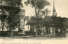 PB3130 Hellevoetsluis; De watertoren en de katholieke kerk met pastorie, ca. 1900