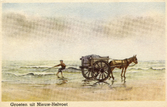 PB4415 Tekening van een visser met paard en wagen op het strand, ca. 1950