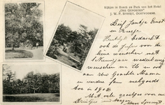 PB4974 Groeten uit Oostvoorne: drie kleine afbeeldingen: 'Kijkjes in Bosch en Park van het Hotel Ons Genoegen', ca. 1905