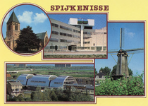 PB9106 Groeten uit Spijkenisse. Compilatie van foto's van de Dorpskerk, het nieuwe gemeentehuis, de molen en ...