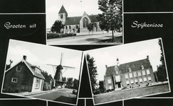 PB9123 Groeten uit Spijkenisse. Drie afbeeldingen van de molen, het voormalige gemeentehuis en de Dorpskerk, 1973