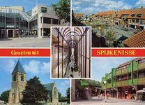 PB9124 Groeten uit Spijkenisse. Compilatie van illustraties van het gemeentehuis, het de stadhuispassage, de ...