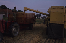 DIA68075 Geoogst tarwe wordt vanuit de combine in een kar gestort. Links op de foto Arie Mol; 1979