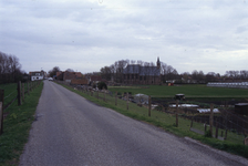 DIA70052 De polder van Zwartewaal met de kerk op de achtergrond. Rechts volkstuinen; ca. 1991