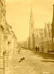 BR_VOORSTRAAT_370 Kijkje in de Voorstraat, waar een hond rondsnuffelt. Op de achtergrond de Jacobskerk; ca. 1910
