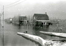 ZL_WATERSNOODRAMP_023 Huizen aan de Kerkweg in het water, gezien vanaf de Drogendijk; Februari 1953