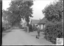 GN2345 Man met hond in de Zandweg. Het tweede huis met het boogje in de nok is nu nummer 14; ca. 1925