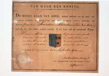 B0007 Gemeentewapen, zoals door de Hoge Raad van Adel toegekend aan Simonshaven en Schuddebeurs; 5 september 1821