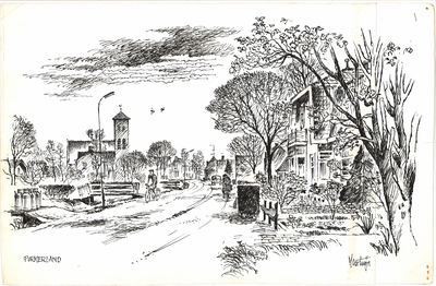 CMO00400-204 Weg door Purmerland met fietsers gezien vanaf Purmerend. Op de achtergrond de Purmerlander kerk. Rechts ...