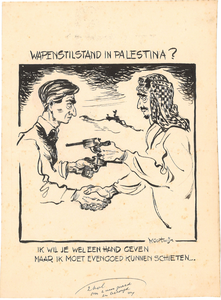 CMO10607-236 Israëlier en Palestijn schudden elkaar de hand, maar houden elkaar met pistolen onder schot