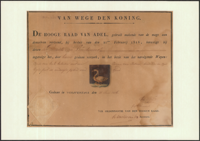 PR1_doos-1_00016 Oorkonde van de Hoge Raad van Adel, met de verlening van het gemeentewapen aan de gemeente Landsmeer ...