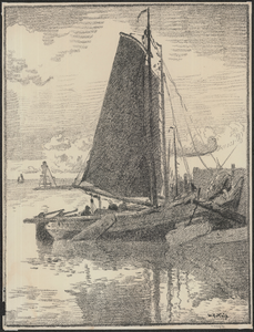 PR1_map-1_00017 Vissersschuit in de haven van Volendam, getekend door de Nederlandse kunstenaar Wilhelm Alexander Knip ...