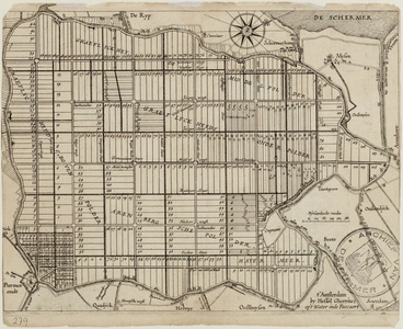 WAT001019926 Kavelkaart van de Beemster met 13 pleinen en de oude poldernamen en nog onbedijkte Schermeer.