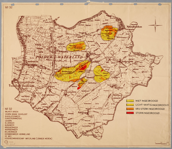 WAT001019923 Kaart met aangegeven de mate van indroging in de polder Waterland en omgeving.
