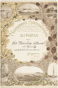 WAT001021055 Diploma, uitgereikt aan het waterschap de Beemster, geflankeerd met agrarische afbeeldingen.