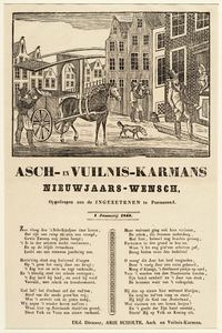 WAT001021024 Nieuwjaarswens op rijm met straatbeeld waarmee vuilnisman Arie Scholte langs de huizen ging.