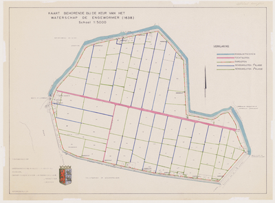 WAT001020237 Kavelkaart van de Enge Wormer met bebouwing en namen van wegen, bruggen, sloten en sluizen.