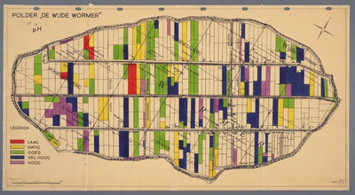 WAT001020231 Kaart met P.H. waarde in de polder de Wijde Wormer met bebouwing en namen van wegen, bruggen, sloten en sluizen.