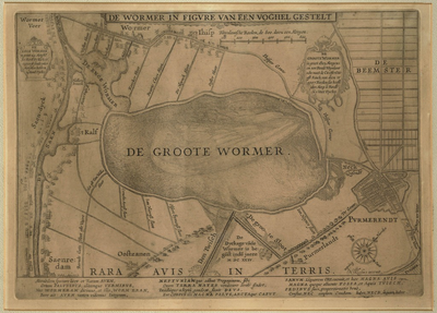 WAT001020239 Kaart met de oningepolderde Wijde Wormer en Enge Wormer in de vorm van een vogel met de Zaan als worm en ...