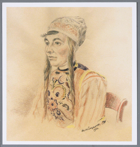 WAT001002041 Potloodtekening, portret van Luutje Dorland (geboren 1-4-1905; gestorven 30-12- 1972). De portrettekening ...