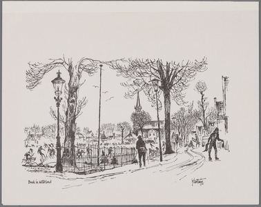 WAT001020915 Wintergezicht in het dorp Broek in Waterland met huizen en kerk en schaatsers op water Havenrak.