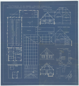 WAT054000037 Plattegrond, doorsneden en gevelaanzichten van een boerderij met situatieschets