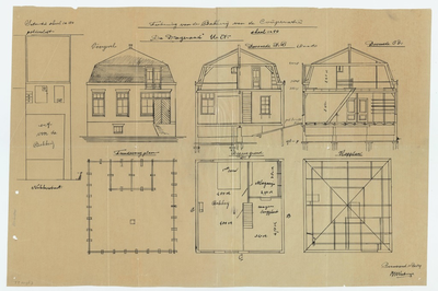 WAT054000239 Plattegrond, geveltekening, doorsneden en funderings- en kapplan, met situatieschets