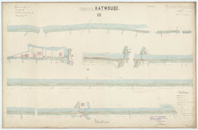 WAT056000043 Kaart van een gedeelte der Groenendijk, Zedde, Nieuwendam en Jaagweg in Katwoude, in aansluitende stukken ...