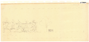 10001435 Gevelwand tussen het hek van de kerk en Nieuwstraat 9, met bovenaanzicht voorgevels met portieken, Hoorn, ...