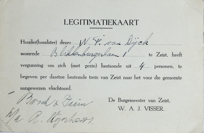 106b Legitimatiekaart van W.F. van Dijck met een vergunning tot evacueren van zijn gezin