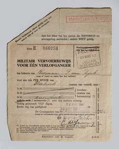 24a Militair vervoersbewijs voor verlofganger van P. van Dijck