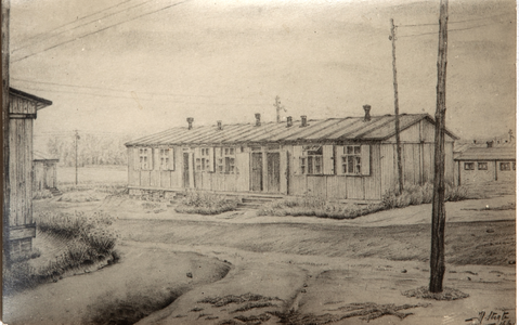 57b Afgedrukte tekening van kamp Grüne bei Lissa, een barak, gemaakt door kamparts Stigter