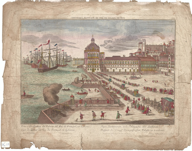 Optica 21 Vue du Port de Lisbonne (in hoes met Optica 20) (havenbekken met pier en toren. Kade met goederen L.O. ...