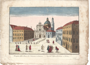 Optica 25 Prospetto della Chiesa di S. Giovanni in Parma (in hoes met Optica 24) (plein met passanten en kerk in het ...