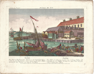 Optica 29 Salem (in hoes met Optica 28) (pakhuizen met houten kade en schip op voorgrond aan natuurlijke kade met ...