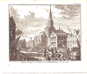 J18-08b Mislukte aanslag der Herdooperen op Amsterdam, in 't jaar 1535 , ca. 1750