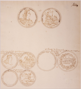JMD-OP-0019 Tekening, Gedenkpenningen, tekeningen naar penningen van Willem III en Louis XIV van Frankrijk.