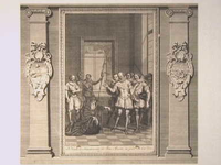 JMD-OP-0033 Kopergravure, De Weduwe van Oldenbarneveld bid Prins Maurits om genade voor haar zoon. 
