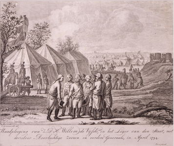 JMD-OP-0036 Ets, Prent, Raadpleging van Prins Willem V in het leger van de Staat met zijn zonen en generaals.