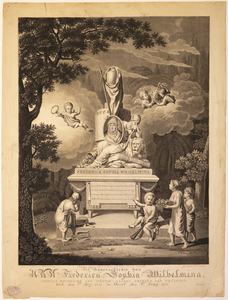 JMD-OP-0043 Aquatint, Zinneprent op de dood van Frederica Sophia Wilhelmina van Pruisen, weduwe van Willem V.