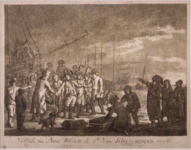 JMD-OP-0117 Aquatint, Vertrek van Prins Willem de 5de Van Scheeveningen. 1795. 
