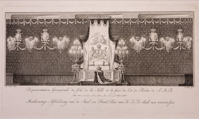 JMD-OP-0164 Kopergravure, Afbeelding van de zaal en het praalbed van Anna, weduwe van Willem IV.