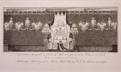 JMD-OP-0164 Kopergravure, Afbeelding van de zaal en het praalbed van Anna, weduwe van Willem IV.