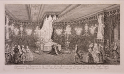 JMD-OP-0165 Kopergravure, De paradezaal en het praalbed van Princes Anna, weduwe van Willem IV.