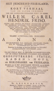 JMD-OP-0187 Boekdruk, Titelpagina van boek over de inhaling van Willem IV en Anna door de Gedeputeerde Staten. van Friesland.