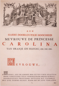 JMD-OP-0197 Kopergravure, Opdracht-pagina uit een boek opgedragen aan Prinses Carolina van Oranje Nassau.