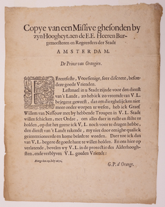 JMD-OP-0276 Boekdruk, Gedrukte brief van Willem II aan de Burgemeester en Regeerders van Amsterdam.